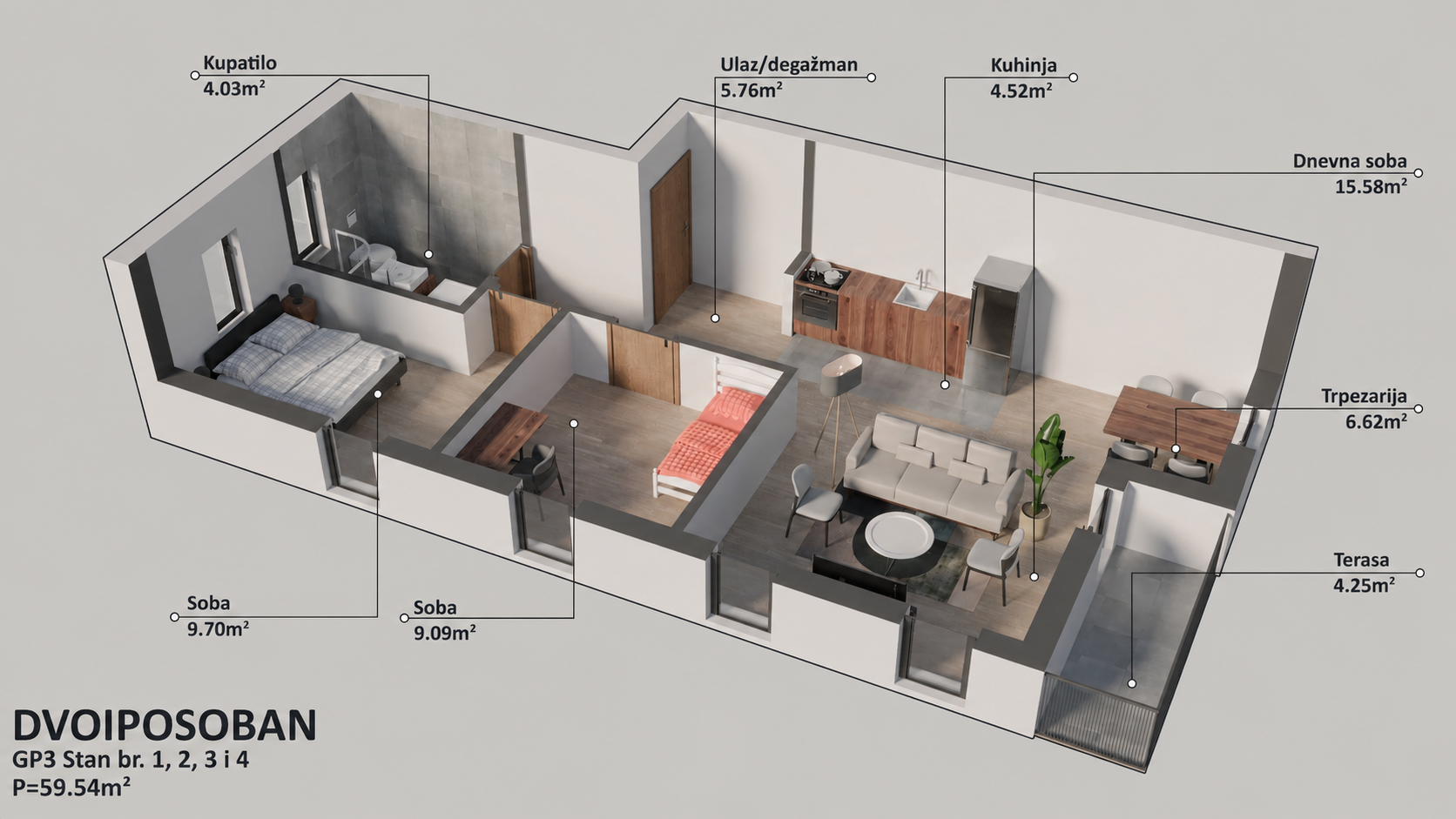 Osnova stana br. 1 — Dvoiposoban, 59.54 m²