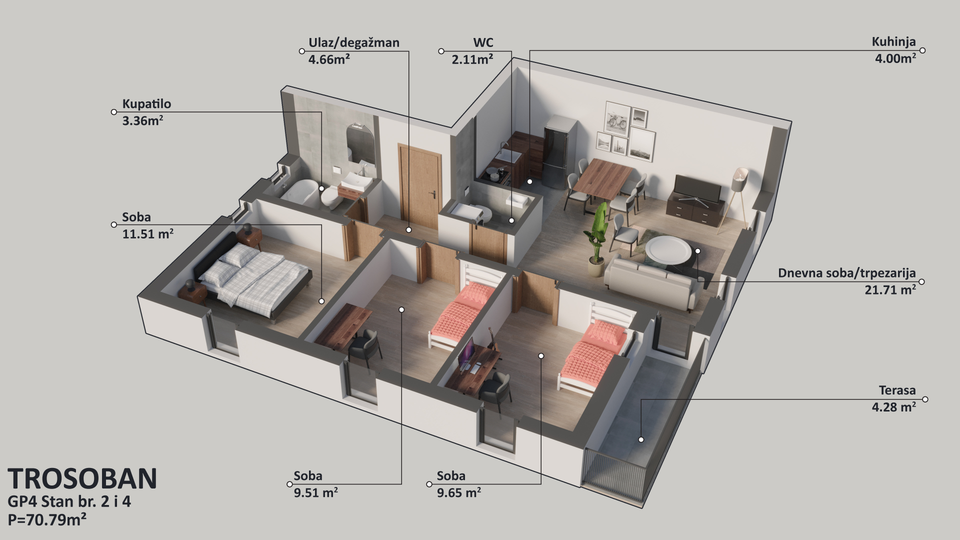 Osnova stana br. 2 — Trosoban, 70.79 m²