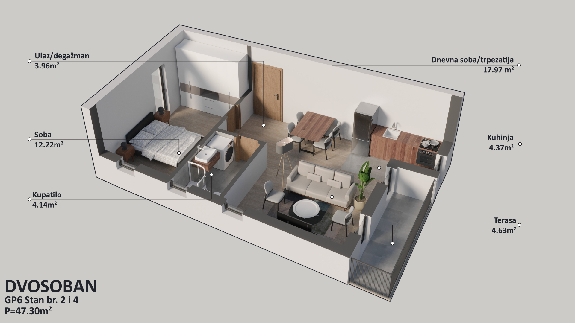 Osnova stana br. 2 — Dvosoban, 47.3 m²