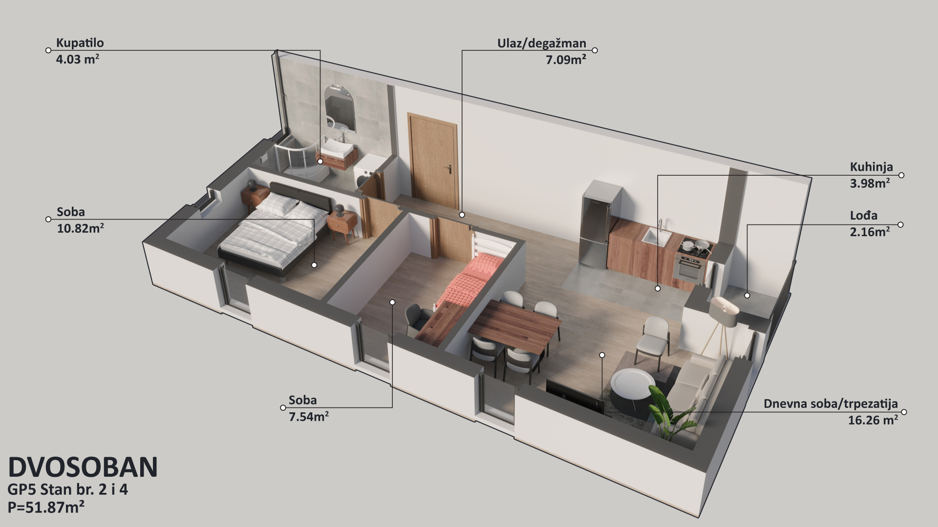 Osnova stana br. 2 — Dvosoban, 51.87 m²