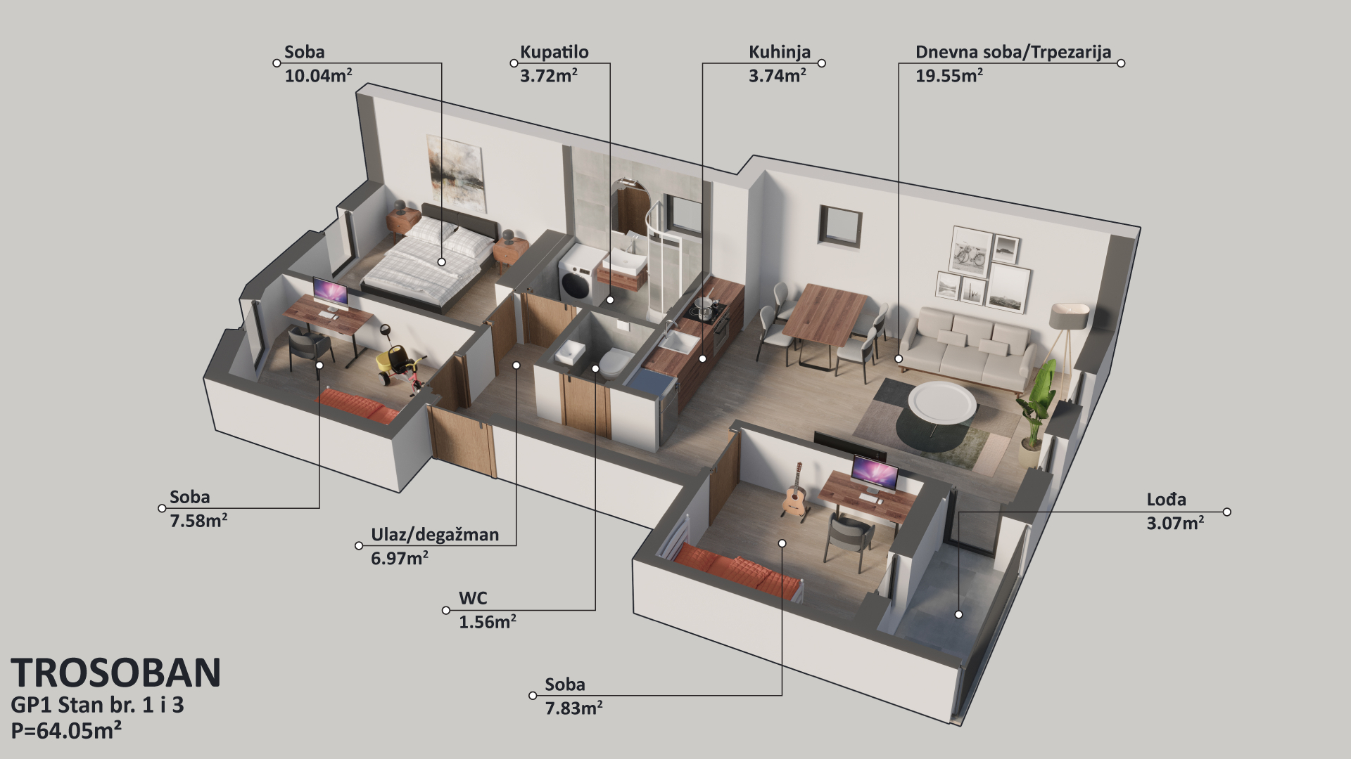 Osnova stana br. 1 — Trosoban, 64.05 m²