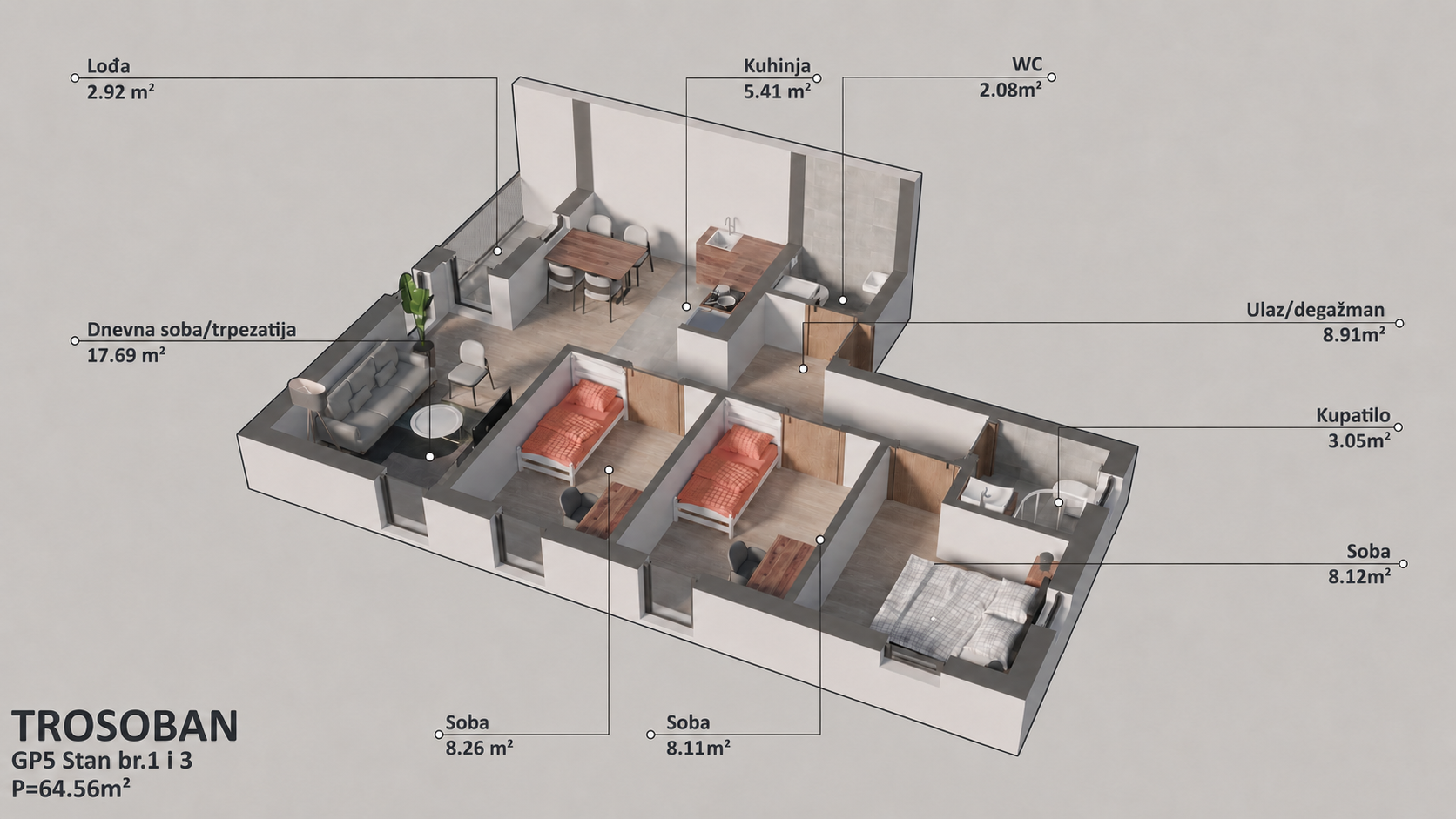 Osnova stana br. 1 — Trosoban, 64.56 m²