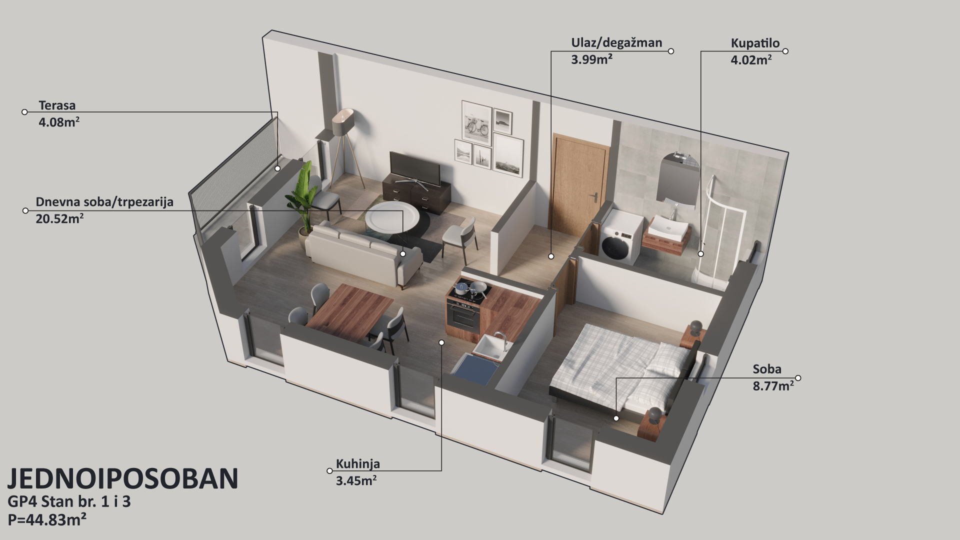 Osnova stana br. 1 — Jednoiposoban, 44.83 m²