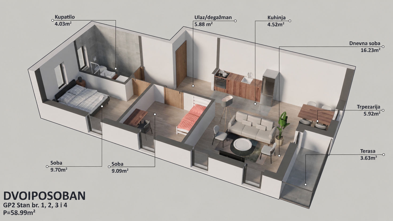 Osnova stana br. 1 — Dvoiposoban, 58.99 m²