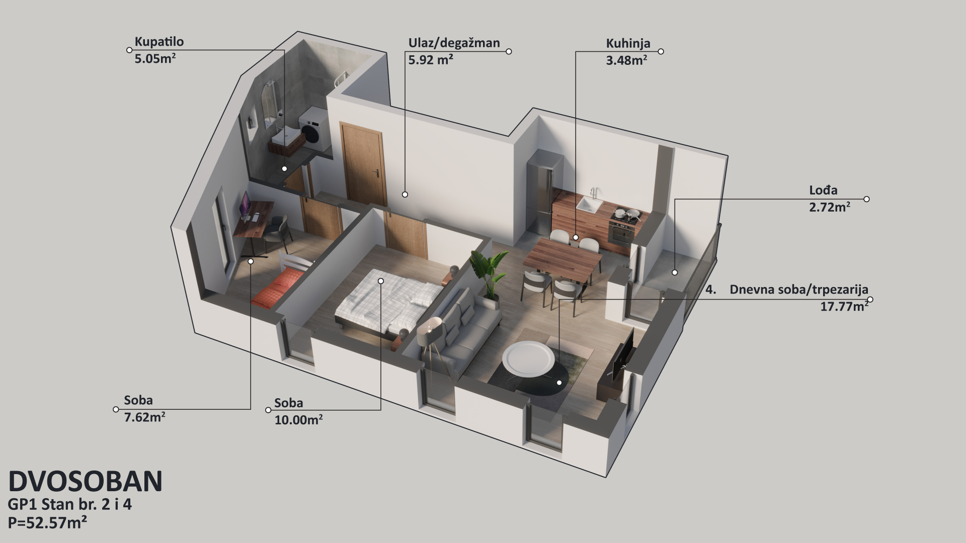 Osnova stana br. 2 — Dvosoban, 52.57 m²