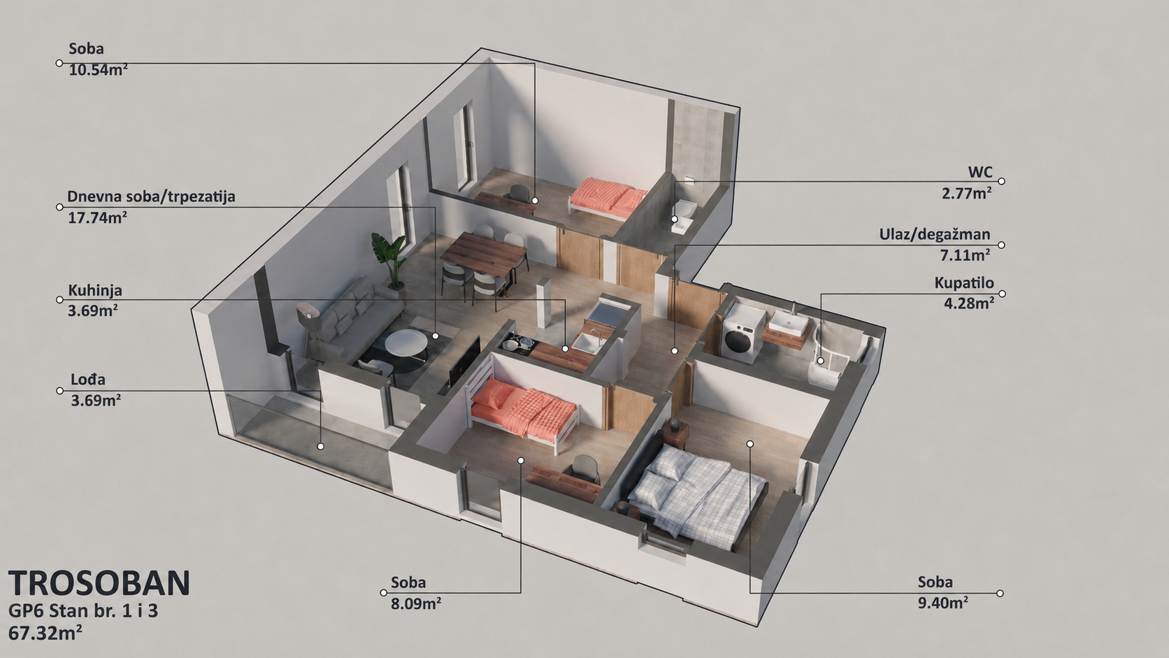 Osnova stana br. 1 — Trosoban, 67.32 m²
